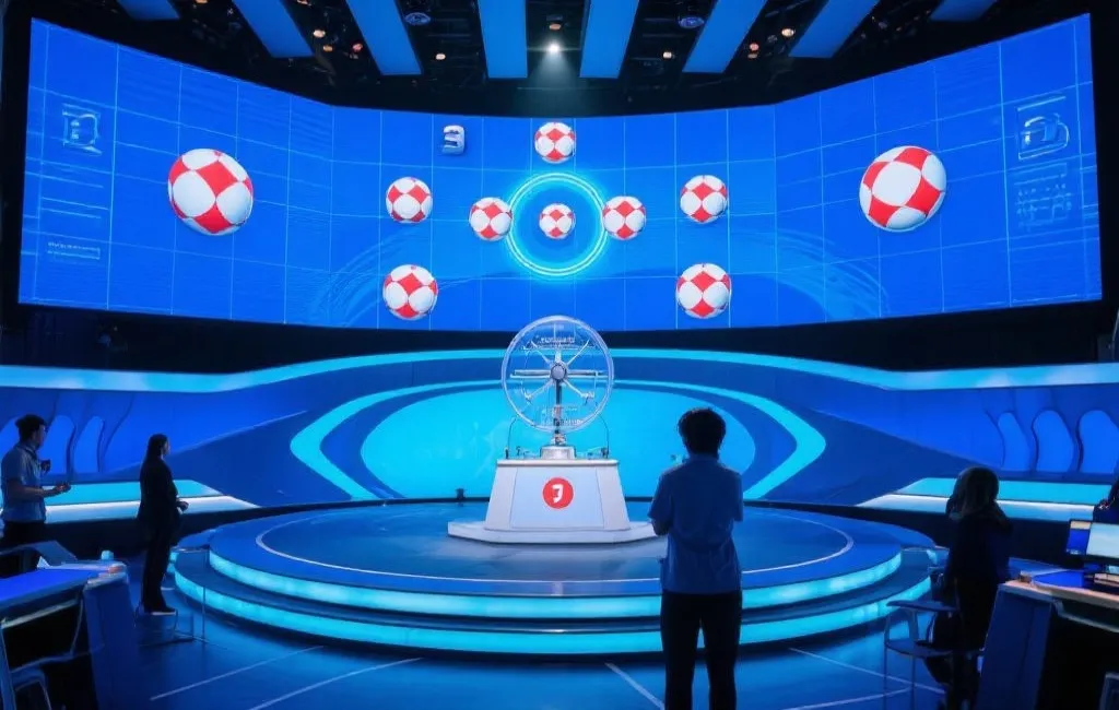 现代化开奖大厅,屏幕显示数字球,工作人员监督